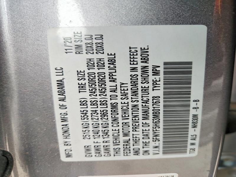 57849846 :رقم المزاد ، 5FNYF5H63MB017678 vin ، 2021 Honda Pilot مزاد بيع