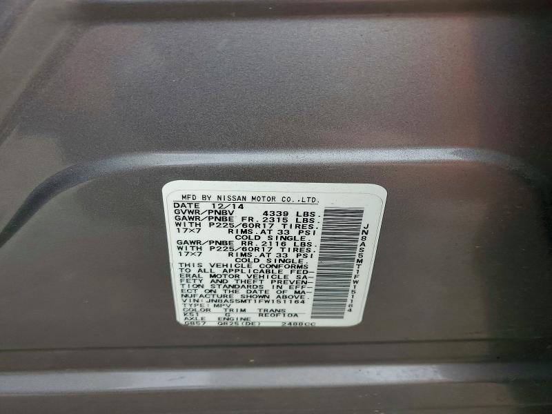 58940926 :رقم المزاد ، JN8AS5MT1FW151164 vin ، 2015 Nissan Rogue Select مزاد بيع