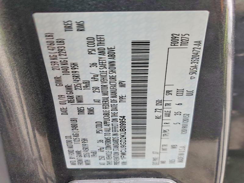 2019 Ford Escape მანქანა იყიდება აუქციონზე, vin: 1FMCU9GD2KUB09954, აუქციონის ნომერი: 57424526