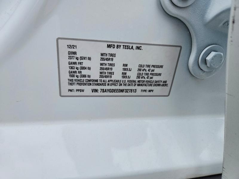2022 Tesla Model Y მანქანა იყიდება აუქციონზე, vin: 7SAYGDEE0NF327813, აუქციონის ნომერი: 57919876