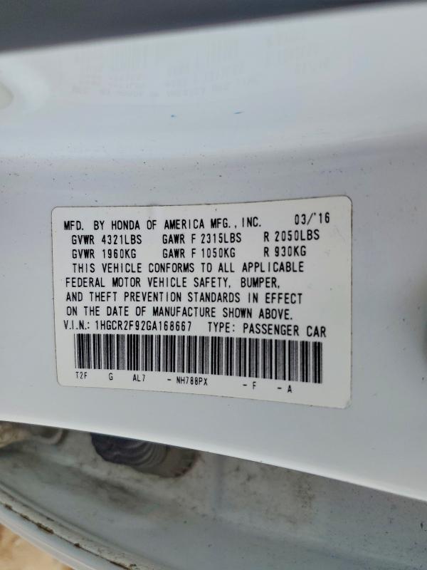Aukcja sprzedaży 2016 Honda Accord, vin: 1HGCR2F92GA168667, numer aukcji: 58721516