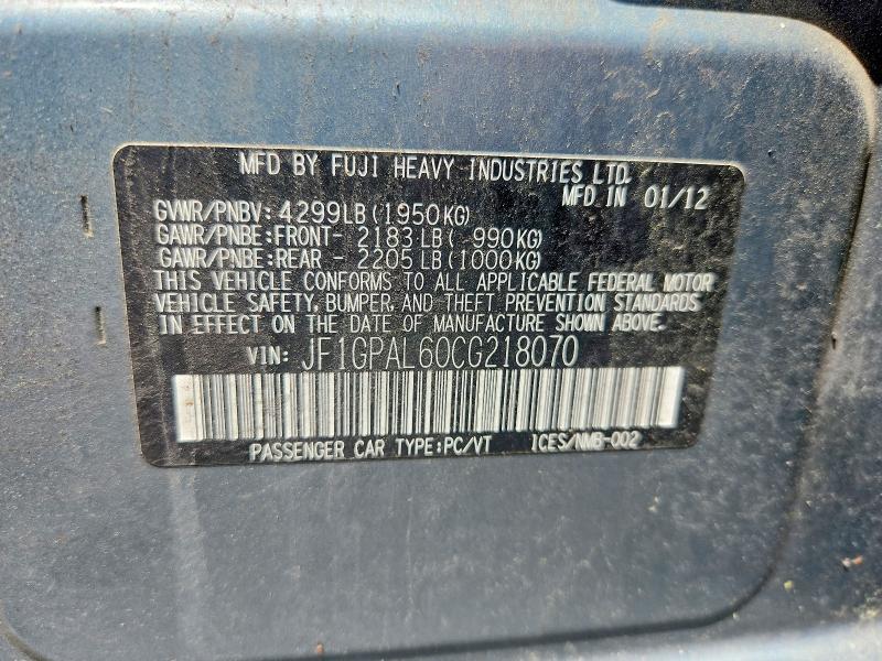 Продаж на аукціоні авто 2012 Subaru Impreza, vin: JF1GPAL60CG218070, номер лоту: 57648776