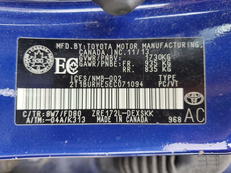 2014 Toyota Corolla მანქანა იყიდება აუქციონზე, vin: 2T1BURHE5EC071094, აუქციონის ნომერი: 58510406