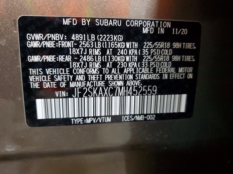 55498026 :رقم المزاد ، JF2SKAXC7MH452559 vin ، 2021 Subaru Forester مزاد بيع