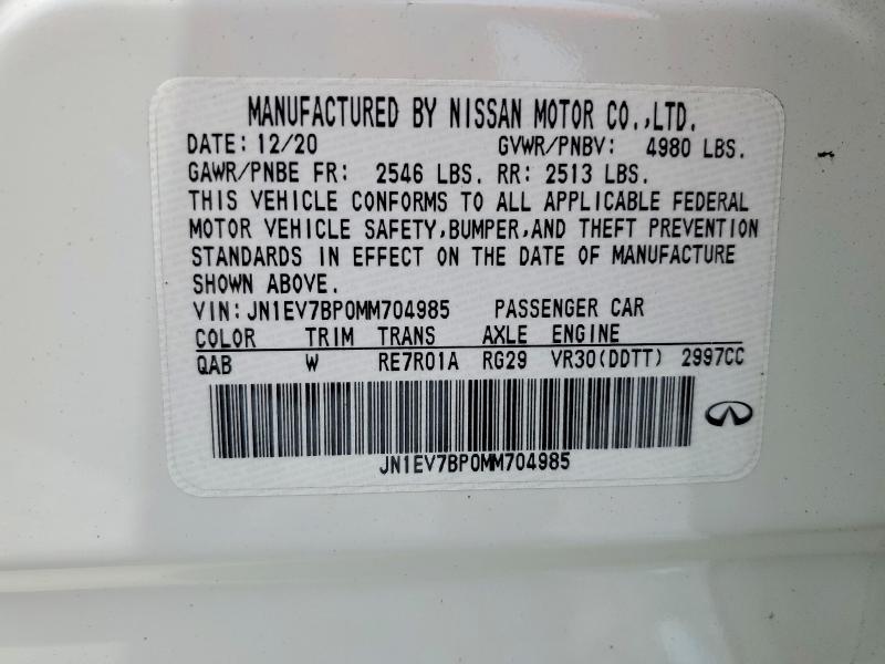 2021 Infiniti Q50 მანქანა იყიდება აუქციონზე, vin: JN1EV7BP0MM704985, აუქციონის ნომერი: 58320876