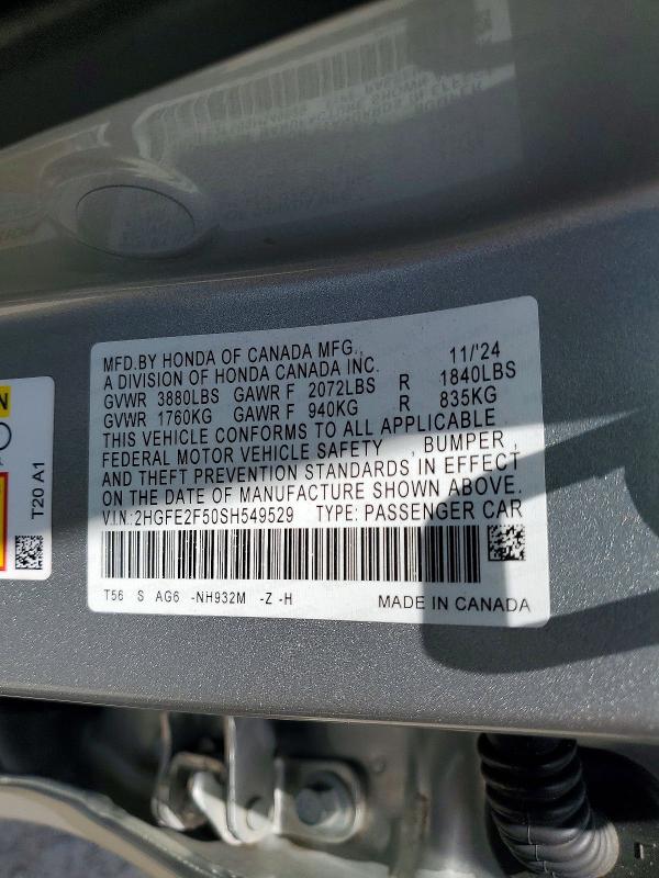 Aukcja sprzedaży 2025 Honda Civic, vin: 2HGFE2F50SH549529, numer aukcji: 58796976