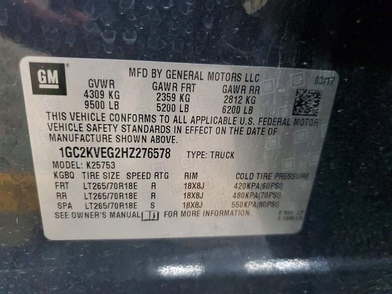 2017 Chevrolet Silverado მანქანა იყიდება აუქციონზე, vin: 1GC2KVEG2HZ276578, აუქციონის ნომერი: 58948646