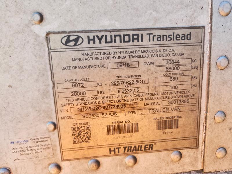 Aukcja sprzedaży 2019 Hyundai Translead Inc Trailers, vin: 3H3V532C0KR739035, numer aukcji: 57386276