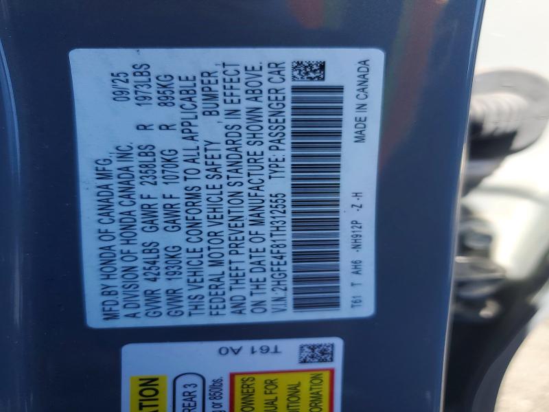 57379006 :رقم المزاد ، 2HGFE4F81TH312555 vin ، 2026 Honda Civic مزاد بيع