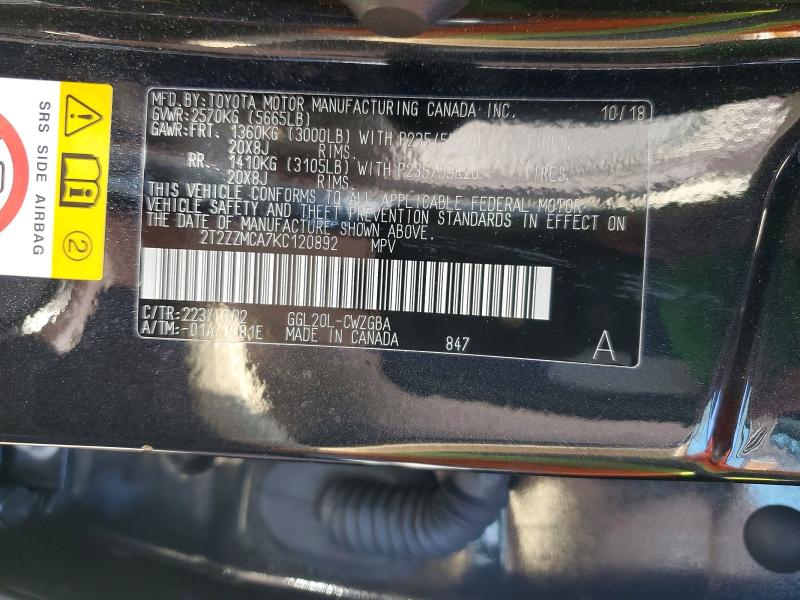 Продаж на аукціоні авто 2019 Lexus Rx 350, vin: 2T2ZZMCA7KC120892, номер лоту: 56171206
