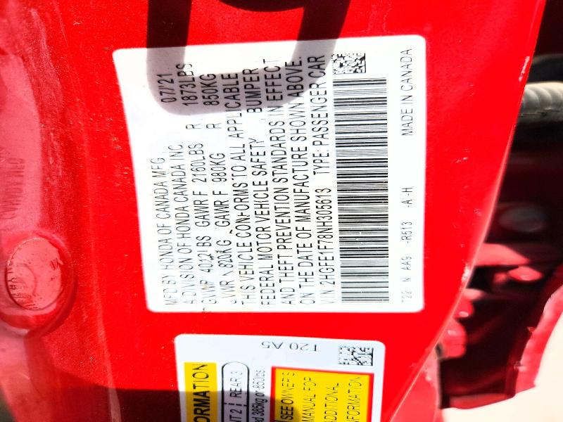 2022 Honda Civic მანქანა იყიდება აუქციონზე, vin: 2HGFE1F78NH305613, აუქციონის ნომერი: 56746686