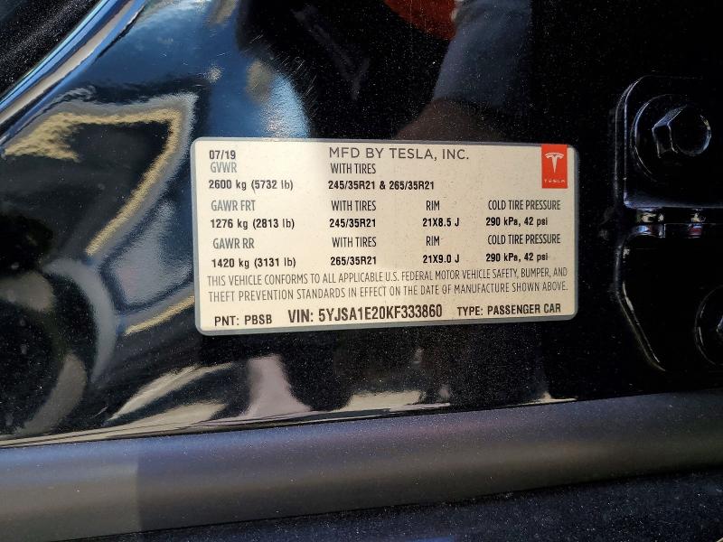 Продаж на аукціоні авто 2019 Tesla Model S, vin: 5YJSA1E20KF333860, номер лоту: 58330776