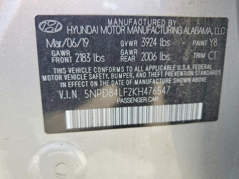 57067276 :رقم المزاد ، 5NPD84LF2KH476547 vin ، 2019 Hyundai Elantra مزاد بيع
