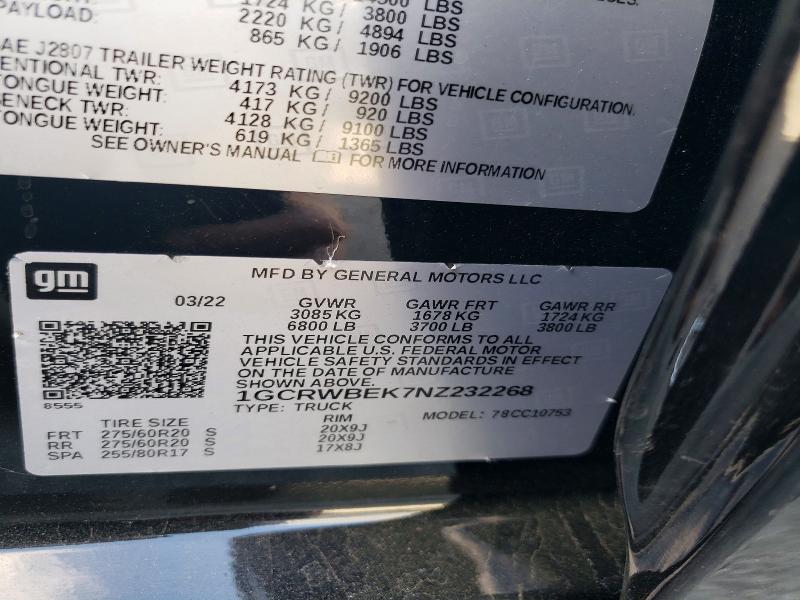 2022 Chevrolet Silverado Ltd მანქანა იყიდება აუქციონზე, vin: 1GCRWBEK7NZ232268, აუქციონის ნომერი: 58101596