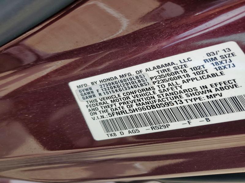 56250166 :رقم المزاد ، 5FNRL5H96DB059513 vin ، 2013 Honda Odyssey مزاد بيع