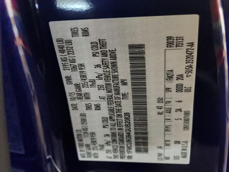 2016 Ford Escape მანქანა იყიდება აუქციონზე, vin: 1FMCU9G94GUB20828, აუქციონის ნომერი: 56290386