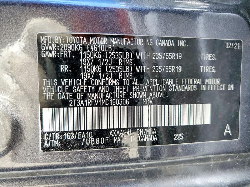 2021 Toyota Rav4 მანქანა იყიდება აუქციონზე, vin: 2T3A1RFV1MC190306, აუქციონის ნომერი: 55537356