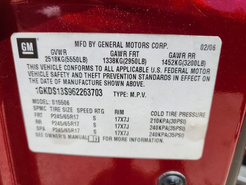 55961586 :رقم المزاد ، 1GKDS13S962263703 vin ، 2006 Gmc Envoy مزاد بيع