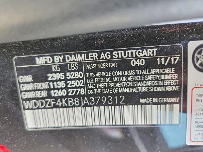 57019786 :رقم المزاد ، WDDZF4KB8JA379312 vin ، 2018 Mercedes-benz E مزاد بيع