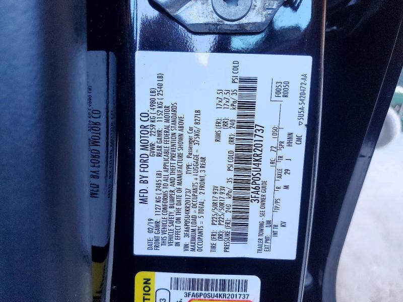Продажа на аукционе авто 2019 Ford Fusion, vin: 3FA6P0SU4KR201737, номер лота: 56704356