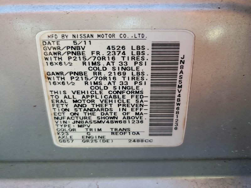2011 Nissan Rogue მანქანა იყიდება აუქციონზე, vin: JN8AS5MV4BW681236, აუქციონის ნომერი: 58715366