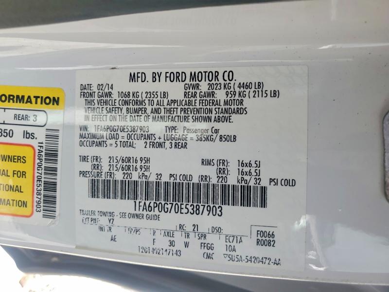 2014 Ford Fusion მანქანა იყიდება აუქციონზე, vin: 1FA6P0G70E5387903, აუქციონის ნომერი: 57410366