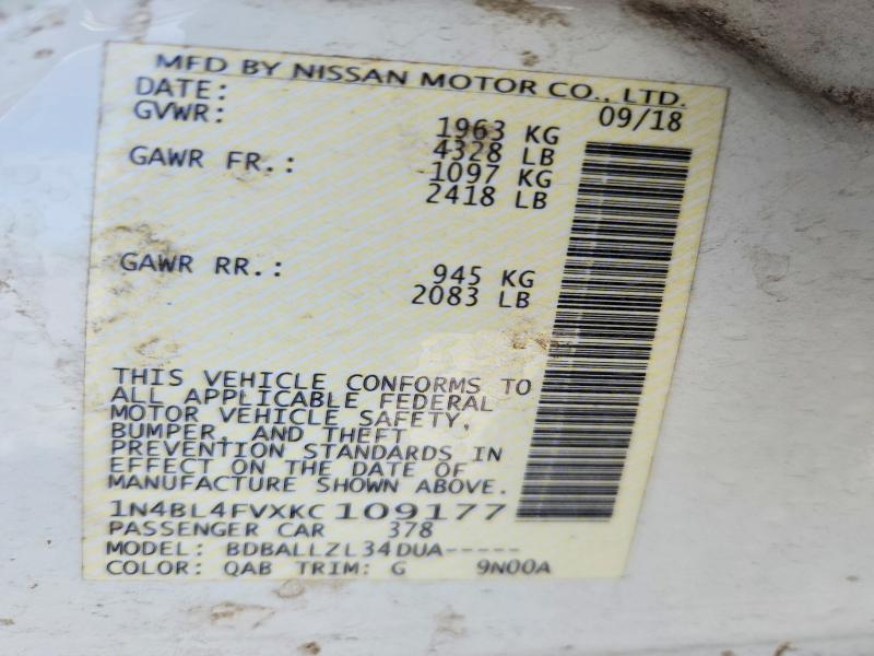 58074976 :رقم المزاد ، 1N4BL4FVXKC109177 vin ، 2019 Nissan Altima مزاد بيع