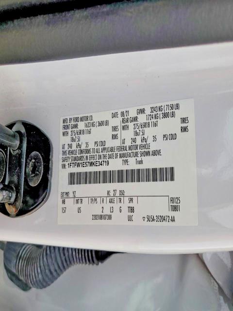 2021 Ford F150 მანქანა იყიდება აუქციონზე, vin: 1FTFW1E57MKE34719, აუქციონის ნომერი: 57501946
