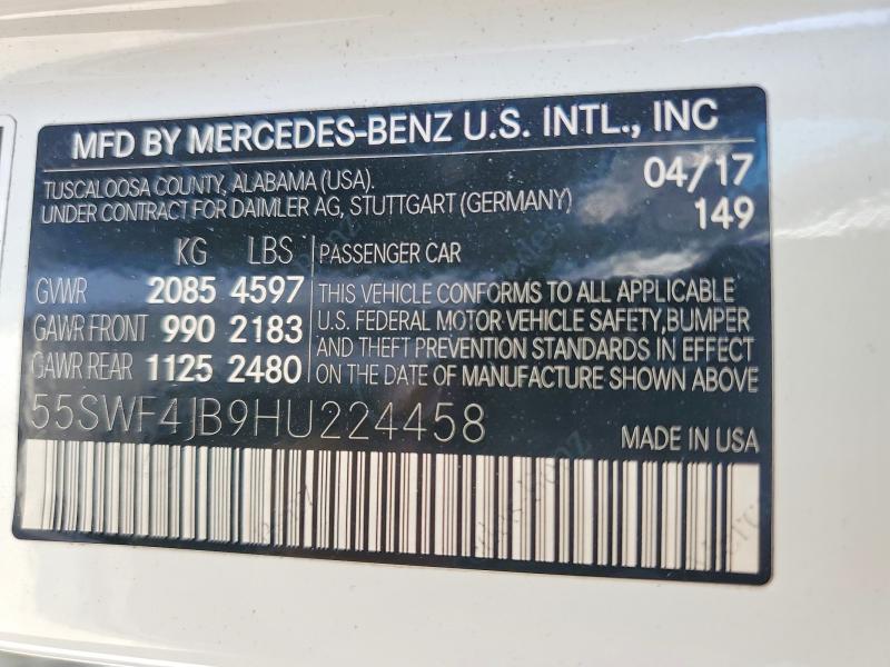 2017 Mercedes-benz C მანქანა იყიდება აუქციონზე, vin: 55SWF4JB9HU224458, აუქციონის ნომერი: 58567806