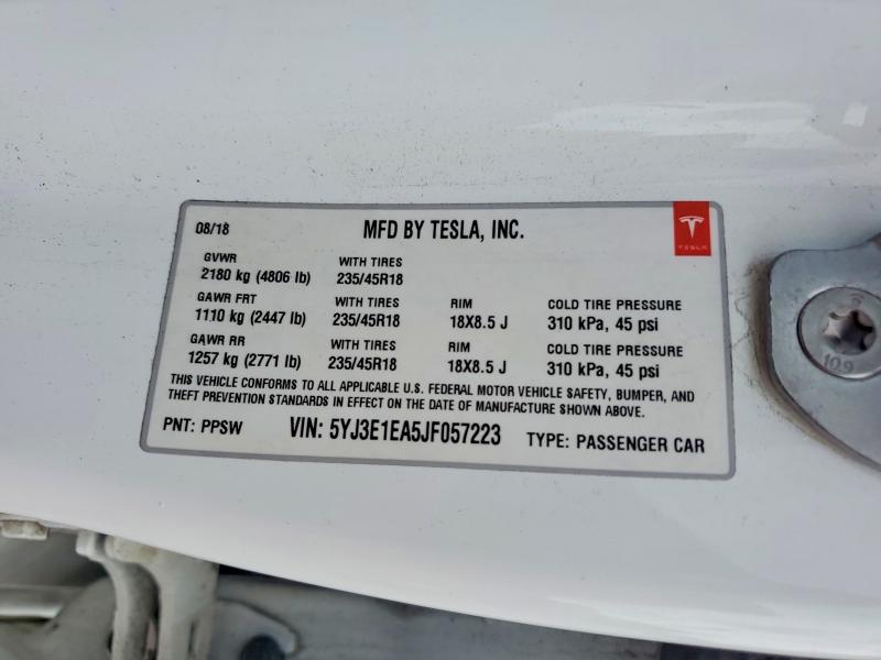 2018 Tesla Model 3 მანქანა იყიდება აუქციონზე, vin: 5YJ3E1EA5JF057223, აუქციონის ნომერი: 56583956