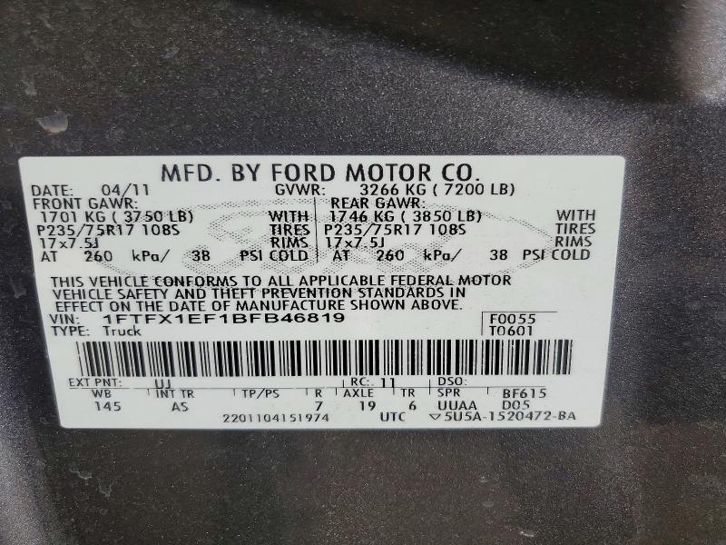 59548656 :رقم المزاد ، 1FTFX1EF1BFB46819 vin ، 2011 Ford F150 مزاد بيع