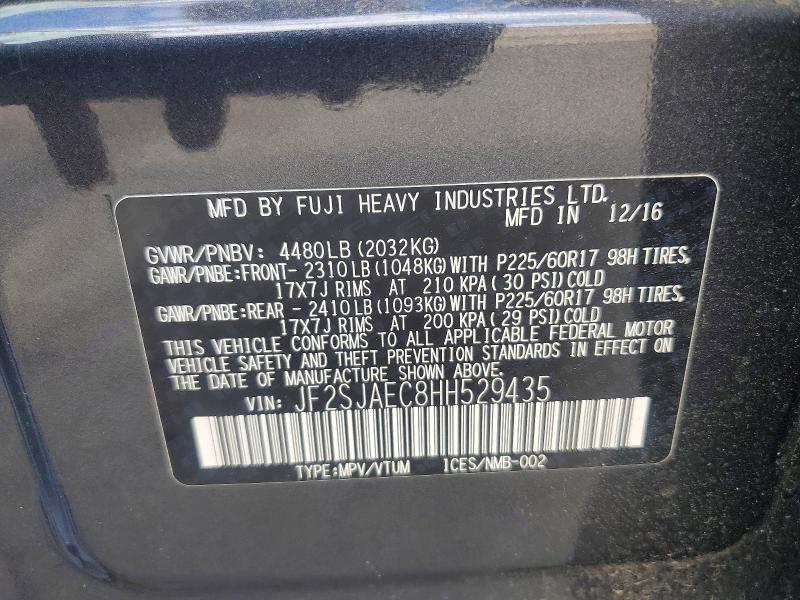 2017 Subaru Forester მანქანა იყიდება აუქციონზე, vin: JF2SJAEC8HH529435, აუქციონის ნომერი: 58497186