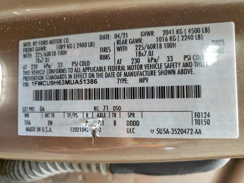 2021 Ford Escape მანქანა იყიდება აუქციონზე, vin: 1FMCU9H63MUA51386, აუქციონის ნომერი: 55553196