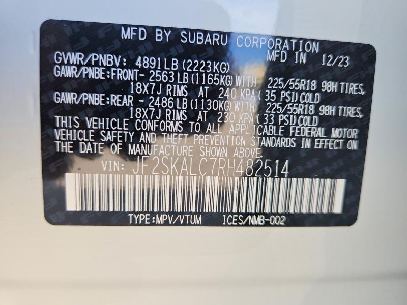 Aukcja sprzedaży 2024 Subaru Forester, vin: JF2SKALC7RH482514, numer aukcji: 59079906