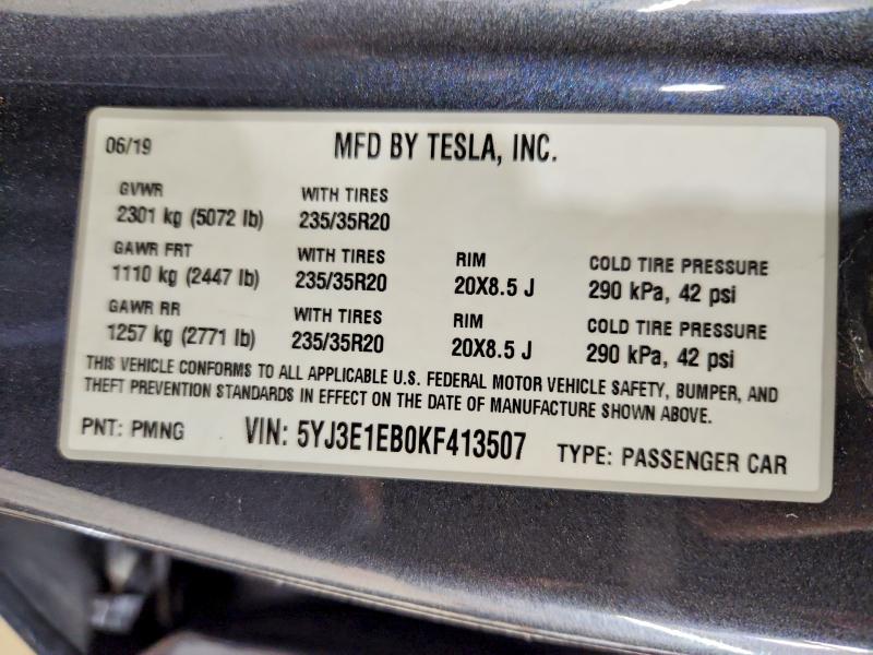56850246 :رقم المزاد ، 5YJ3E1EB0KF413507 vin ، 2019 Tesla Model 3 مزاد بيع
