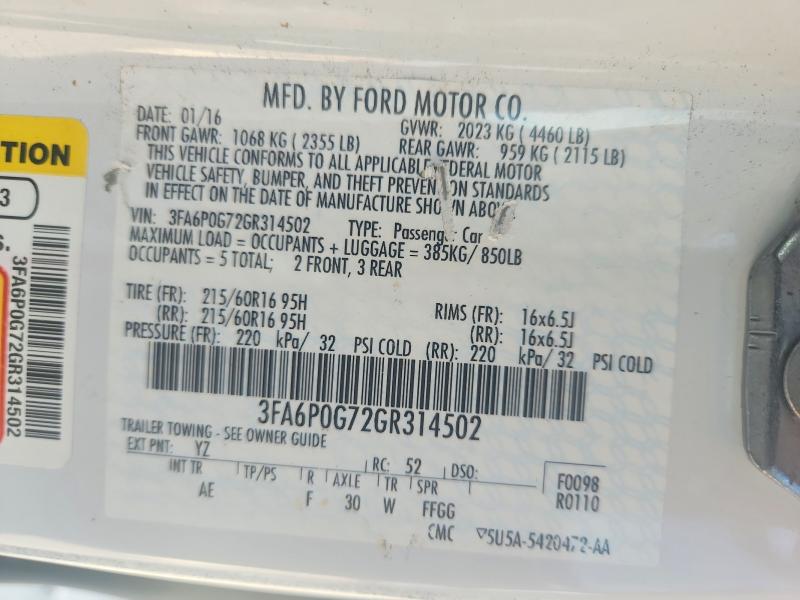 Auction sale of the 2016 Ford Fusion, vin: 3FA6P0G72GR314502, lot number: 56864116