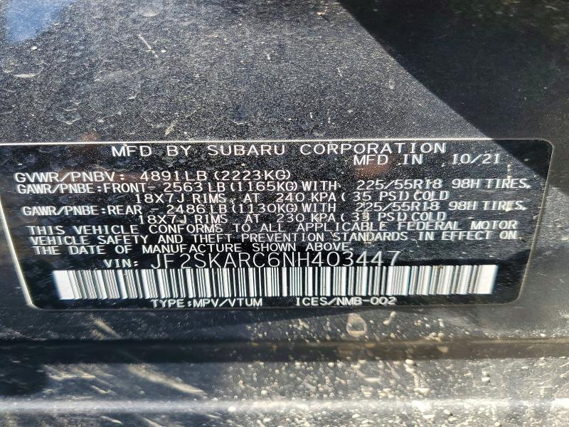 57365896 :رقم المزاد ، JF2SKARC6NH403447 vin ، 2022 Subaru Forester مزاد بيع