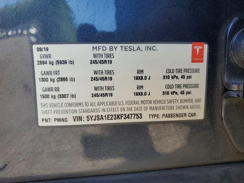 2019 Tesla Model S მანქანა იყიდება აუქციონზე, vin: 5YJSA1E23KF347753, აუქციონის ნომერი: 56493556