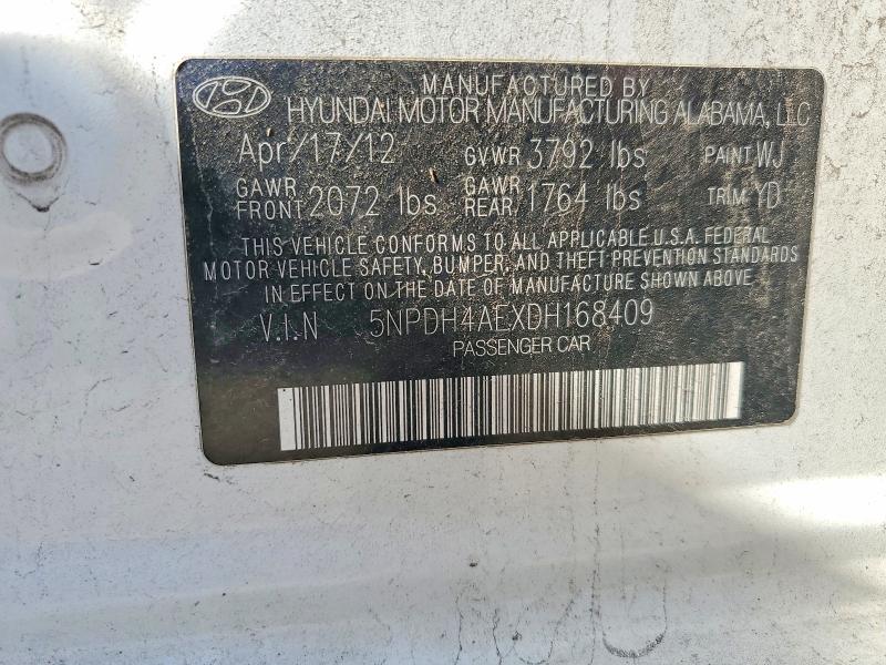 2013 Hyundai Elantra მანქანა იყიდება აუქციონზე, vin: 5NPDH4AEXDH168409, აუქციონის ნომერი: 58430456