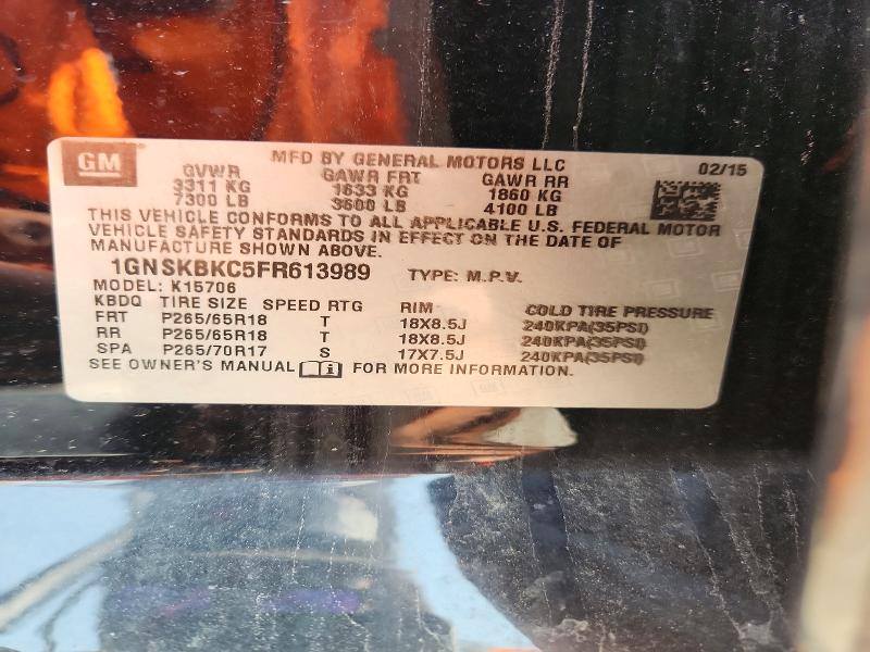 2015 Chevrolet Tahoe მანქანა იყიდება აუქციონზე, vin: 1GNSKBKC5FR613989, აუქციონის ნომერი: 85792015