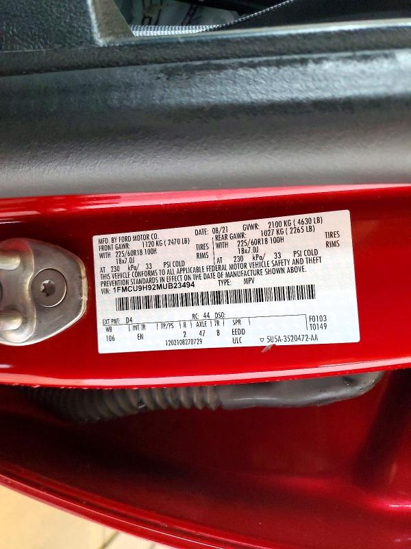 2021 Ford Escape მანქანა იყიდება აუქციონზე, vin: 1FMCU9H92MUB23494, აუქციონის ნომერი: 57763776