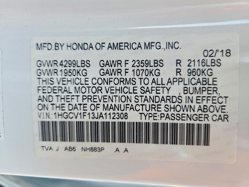 Aukcja sprzedaży 2018 Honda Accord, vin: 1HGCV1F13JA112308, numer aukcji: 57876466