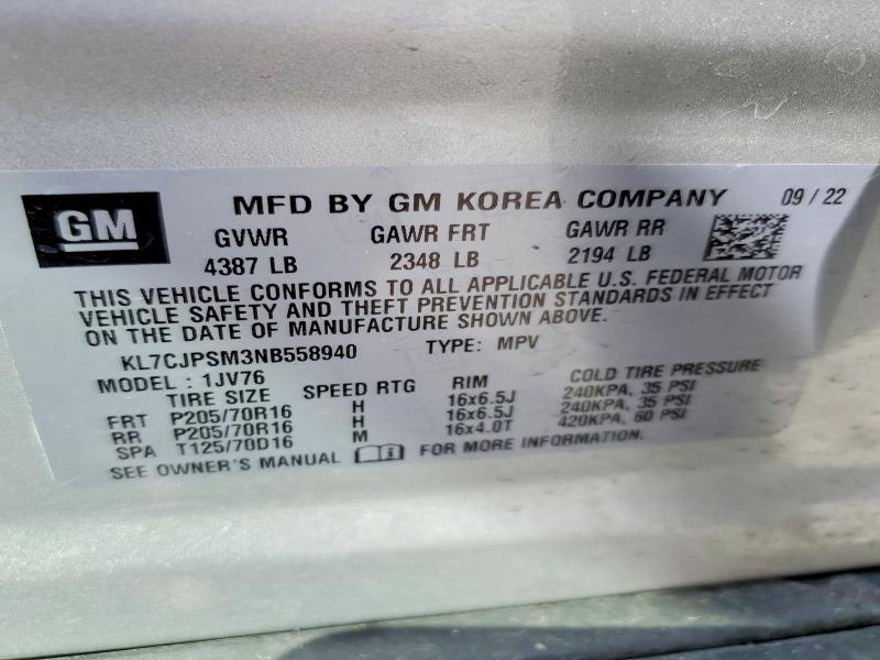 2022 Chevrolet Trax მანქანა იყიდება აუქციონზე, vin: KL7CJPSM3NB558940, აუქციონის ნომერი: 56497176