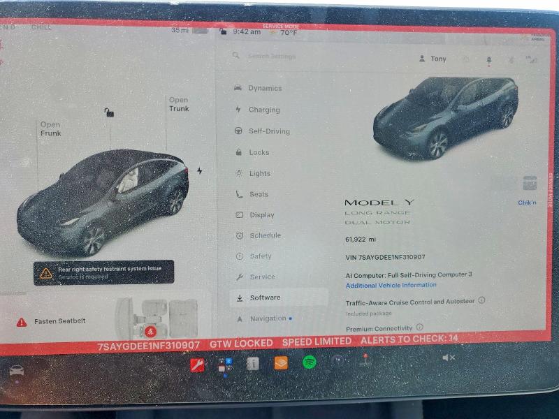 2022 Tesla Model Y მანქანა იყიდება აუქციონზე, vin: 7SAYGDEE1NF310907, აუქციონის ნომერი: 58495026