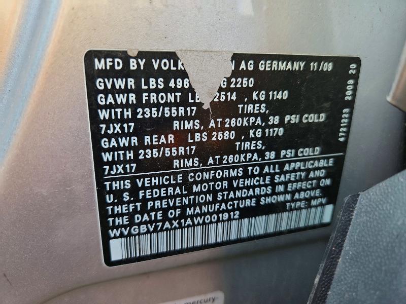 2010 Volkswagen Tiguan მანქანა იყიდება აუქციონზე, vin: WVGBV7AX1AW001912, აუქციონის ნომერი: 85460725