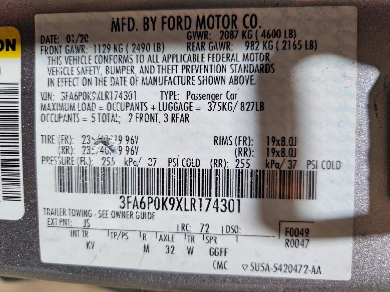 2020 Ford Fusion მანქანა იყიდება აუქციონზე, vin: 3FA6P0K9XLR174301, აუქციონის ნომერი: 55580396