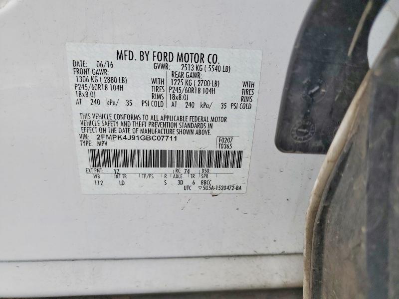 2016 Ford Edge მანქანა იყიდება აუქციონზე, vin: 2FMPK4J91GBC07711, აუქციონის ნომერი: 58990006