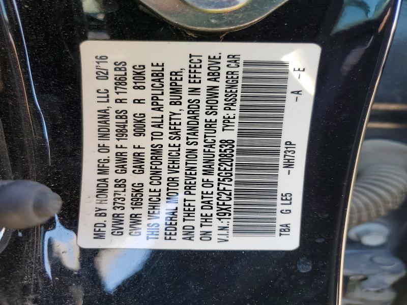 Продаж на аукціоні авто 2016 Honda Civic, vin: 19XFC2F75GE208538, номер лоту: 57078896