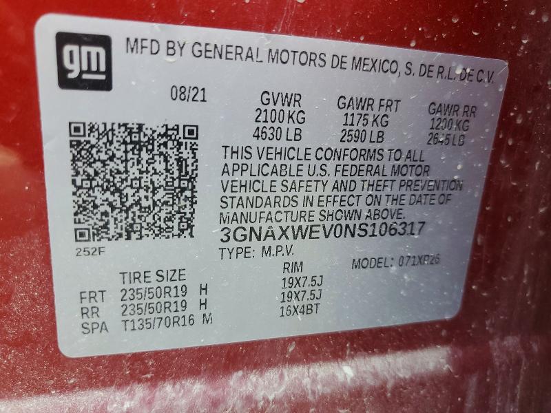 Продажа на аукционе авто 2022 Chevrolet Equinox, vin: 3GNAXWEV0NS106317, номер лота: 85973195