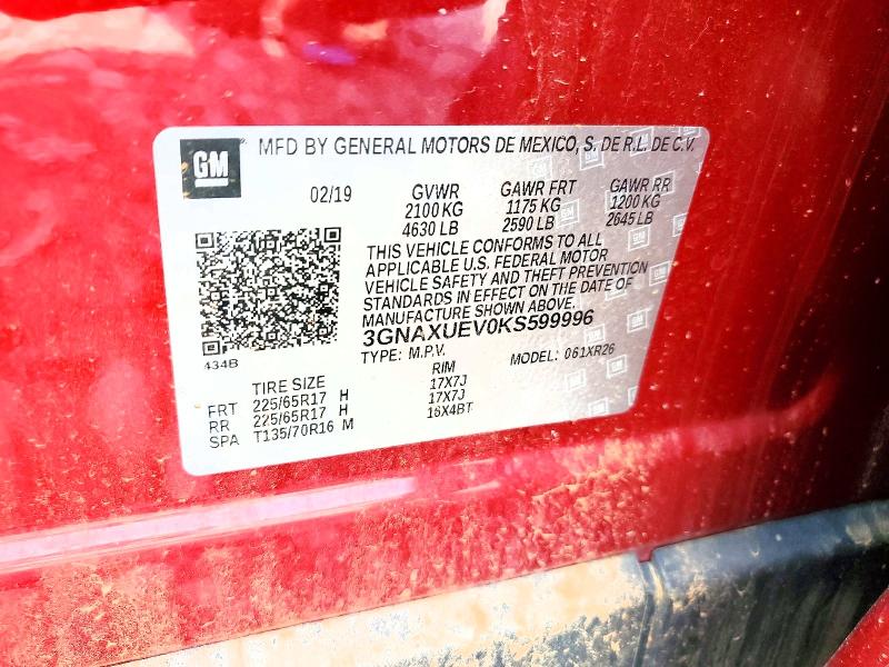 Aukcja sprzedaży 2019 Chevrolet Equinox, vin: 3GNAXUEV0KS599996, numer aukcji: 58434576